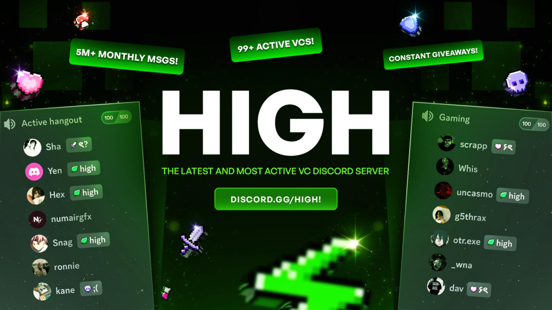 Discovery splash banner for High | Voice Chat • Active • VC • Egirls • Call • Social • Chill • Emojis • Guild Tags • Hangout Discord server